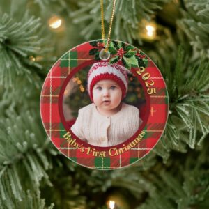 Red Green Plaid | Baby's First Christmas Photo Ceramic Ornament