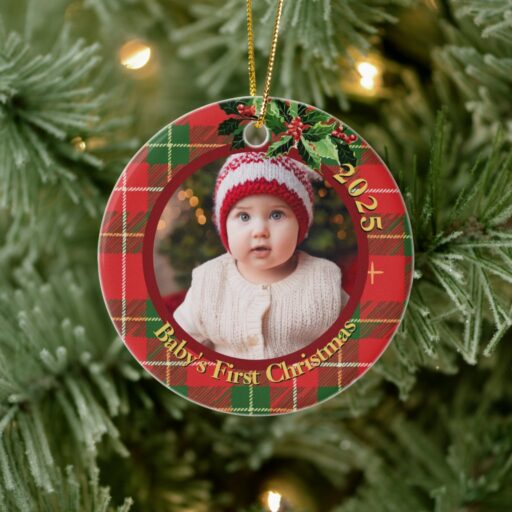 red_green_plaid_babys_first_christmas_photo_ceramic_ornament-r30593112b1364f3690d645f0b7c7cc78_05wi1_8byvr_1024.jpg Red Green Plaid | Baby's First Christmas Photo Ceramic Ornament