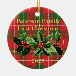 Red Green Plaid | Family First Christmas Photo Ceramic Ornament