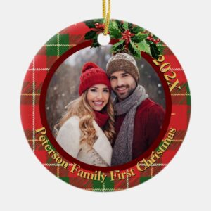 Red Green Plaid | Our First Christmas Photo Ceramic Ornament