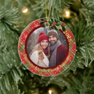 Red Green Stars Plaid | Our First Christmas Photo Ceramic Ornament