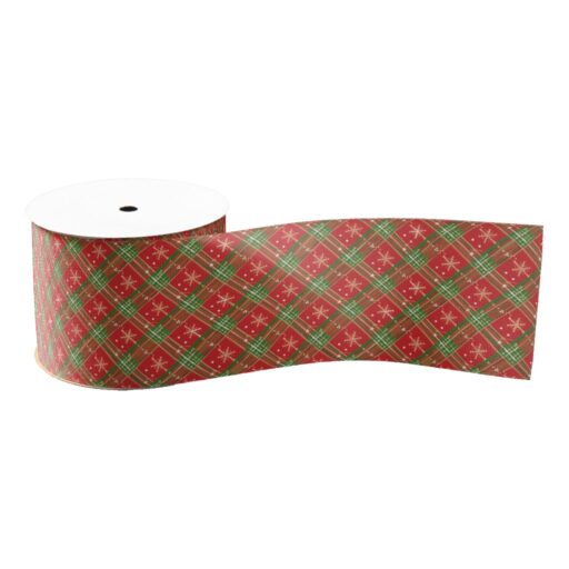 Red Plaid with Green and Gold Crosses Grosgrain Ribbon
