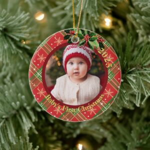 Red Snowflake Plaid | Baby's First Christmas Photo Ceramic Ornament