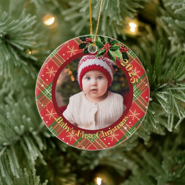 red_snowflake_plaid_babys_first_christmas_photo_ceramic_ornament-r2563e2c9f374428c87e5448d1872ae08_05wi1_8byvr_1024.jpg Red Snowflake Plaid | Baby's First Christmas Photo Ceramic Ornament