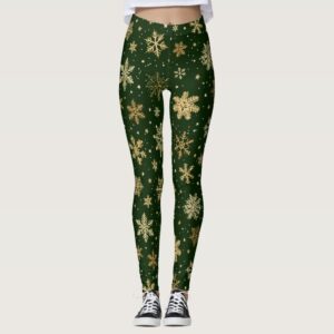 Holiday Green and Gold Snowflakes Leggings
