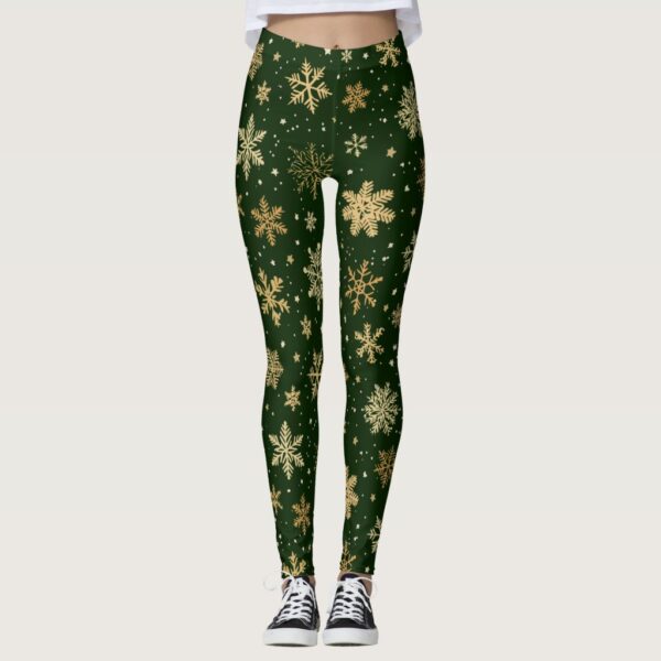 Holiday Green and Gold Snowflakes Leggings
