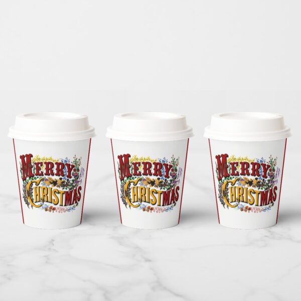 Colorful 1876 Merry Christmas Paper Cups. Set of 8.
