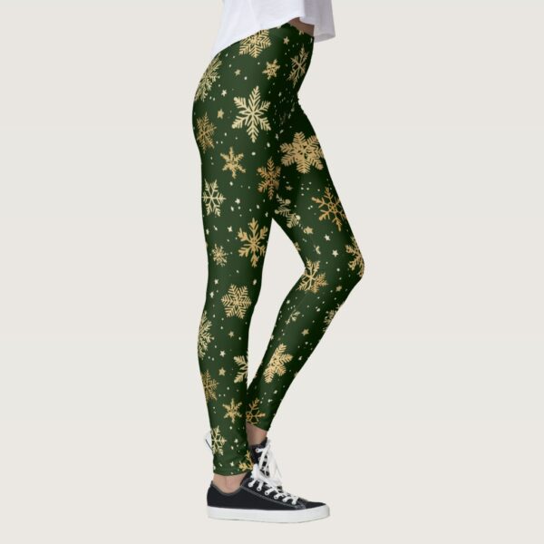 Holiday Green and Gold Snowflakes Leggings