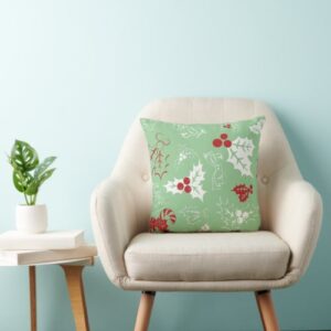 Candy Cane Holly | Green Christmas Throw Pillow