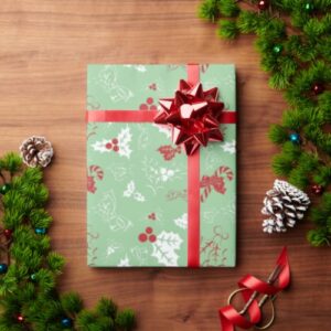 Candy Cane Holly | Green Christmas Wrapping Paper