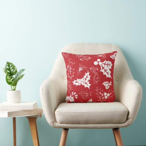 Candy Cane Holly | Red Holiday Throw Pillow