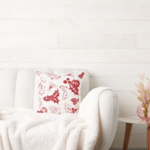 Candy Cane Holly | White Christmas Throw Pillow