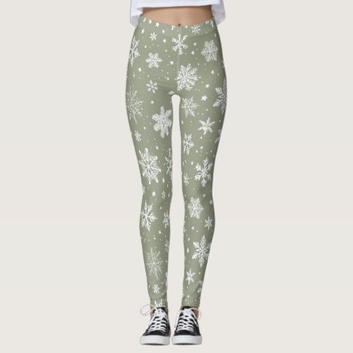Holiday Pale Green and White Snowflakes Leggings